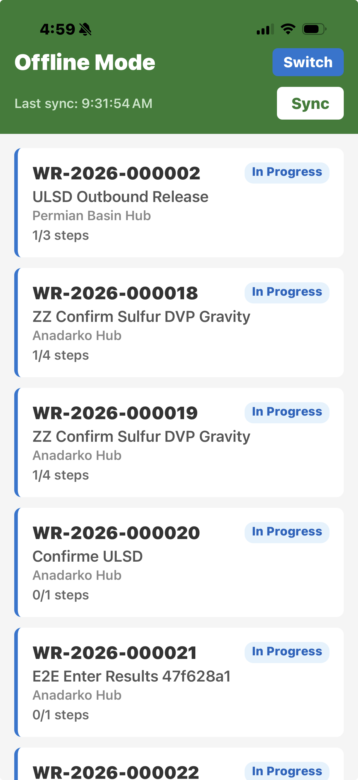 Sabine Industrial mobile app — offline mode work request queue