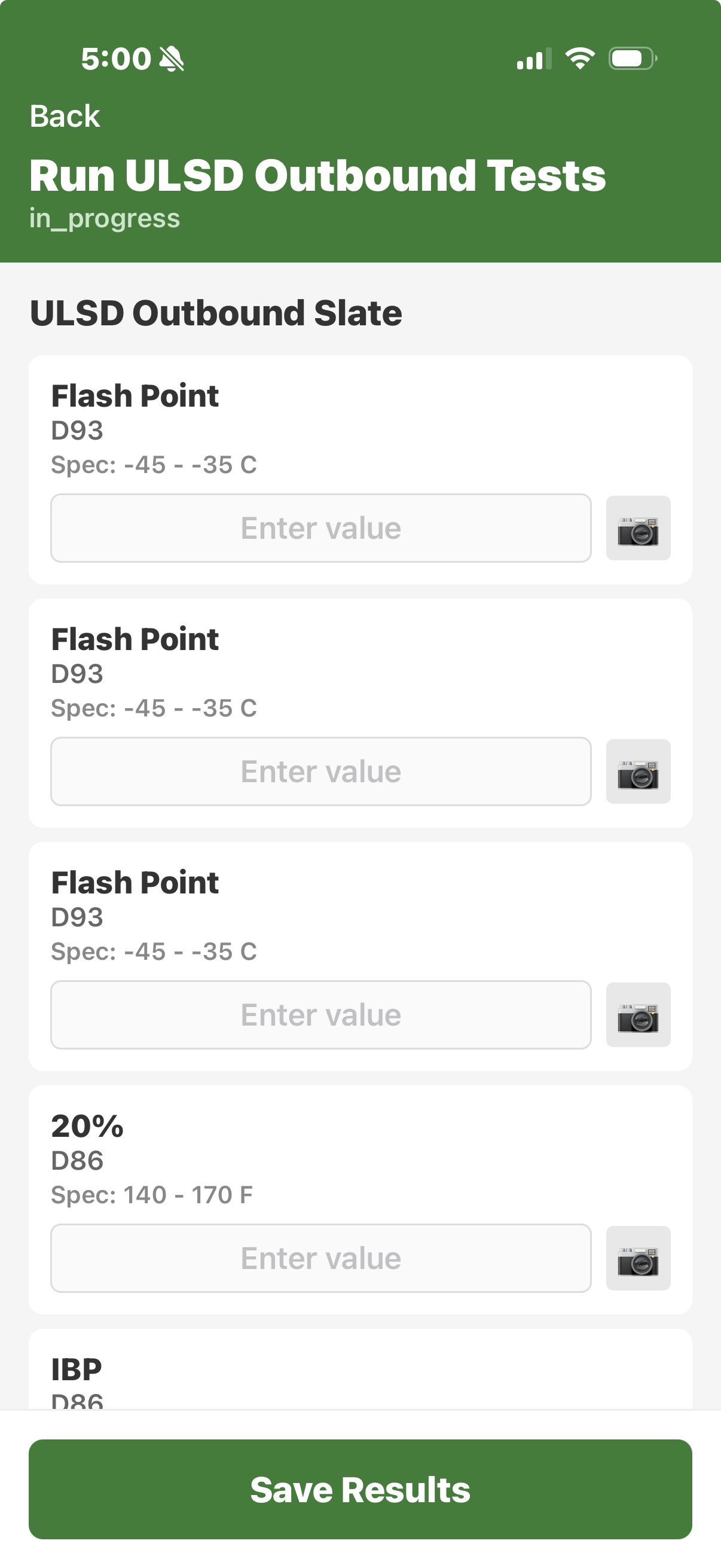 Sabine Industrial mobile app — running ULSD outbound tests with on-device result entry